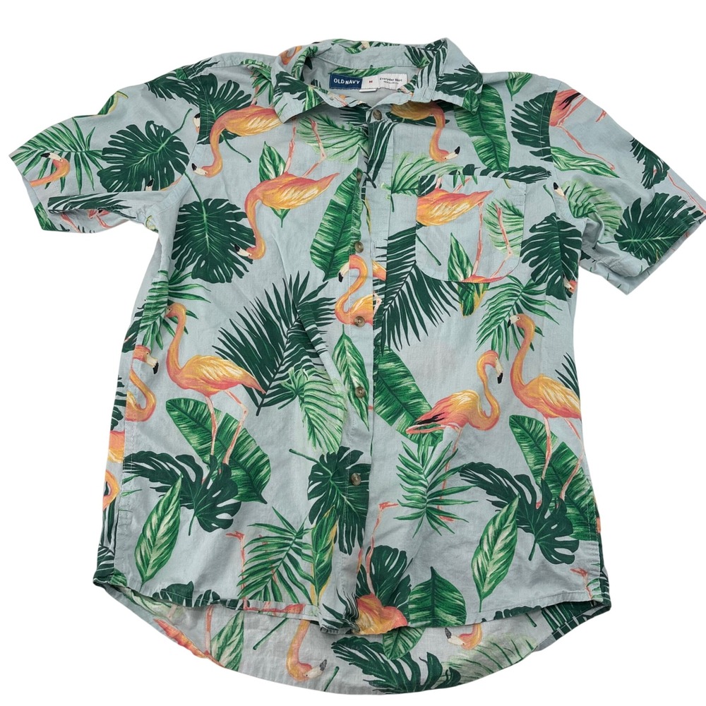 Old Navy Mens Everyday Shirt Medium Blue Flamingo Tropical Palm Cotton Button Up